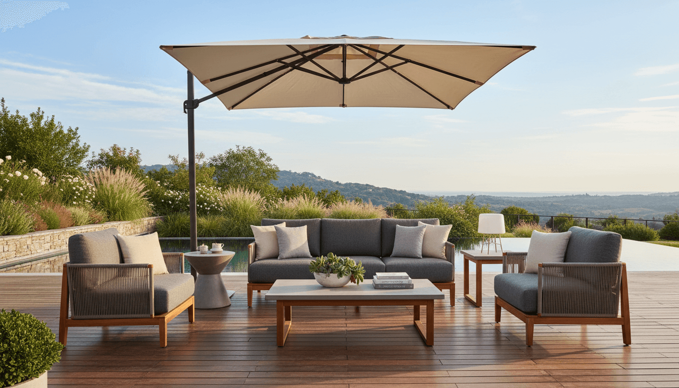 Modern patio furniture set displayed on an inviting outdoor deck with comfortable lounge seating